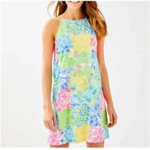 Lilly Pulitzer Margot blue yellow pink patchwork print dress 33292